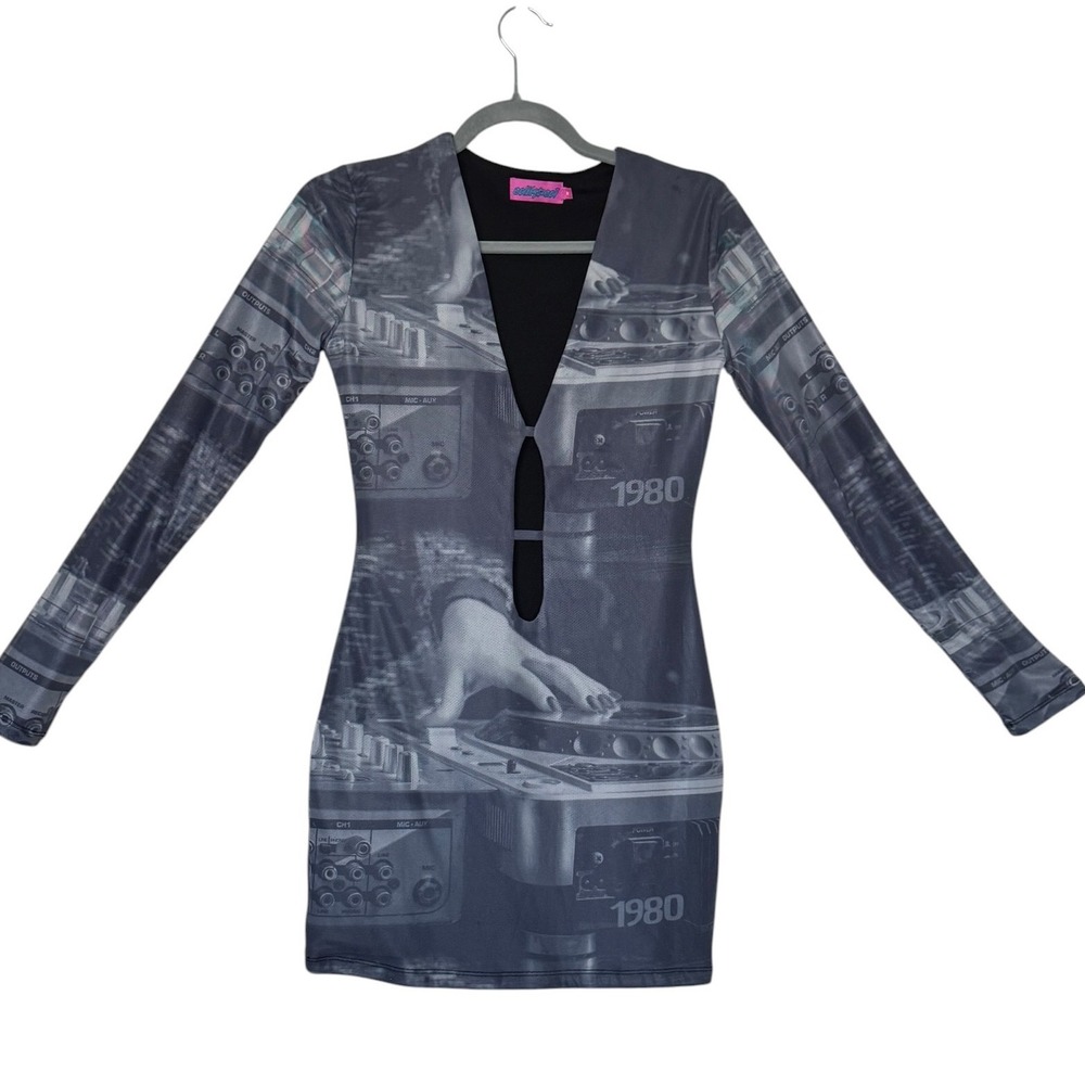 Edikted DJ Turntable Graphic Mini Dress Long Sleeve Cutout Y2K Grey Medium